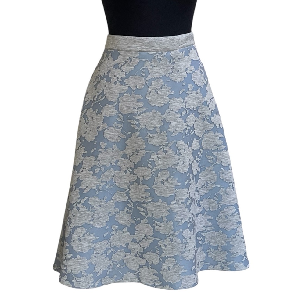 Catherine Malandrino Blue Gray Lace Floral Swing Flare Skirt Sz 14 Scuba Knit